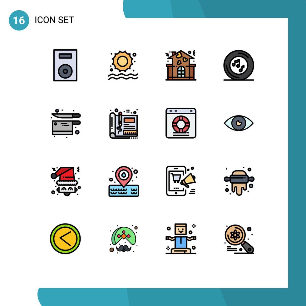 paquete de 16 líneas llenas de colores planos modernos, signos y símbolos para medios de impresión web, como reproductores de cocina, notas familiares, música, elementos de diseño de vectores creativos editables