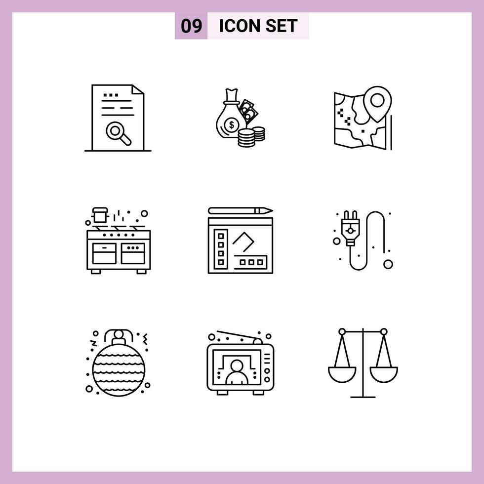 User Interface Pack of 9 Basic Outlines of oven cooker coins destination location Editable Vector Design Elements