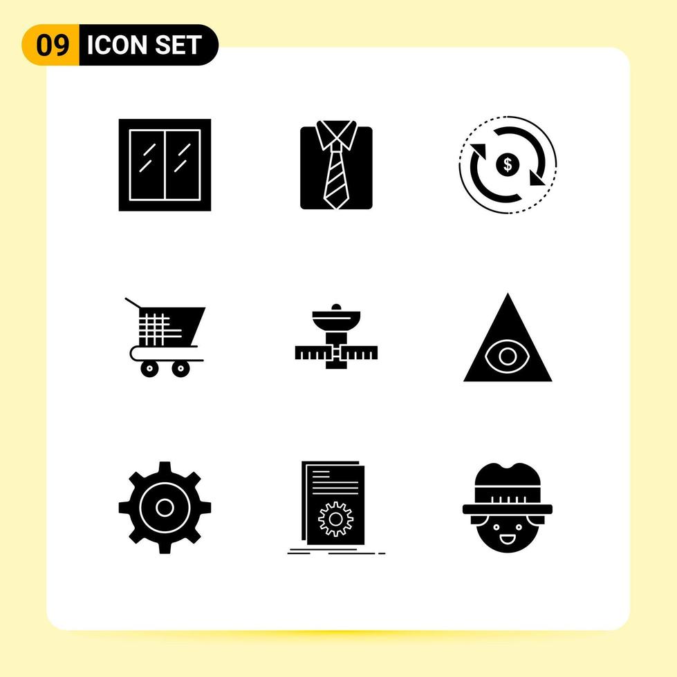 Set of 9 Vector Solid Glyphs on Grid for space shopping circulation trolley ecommerce money Editable Vector Design Elements