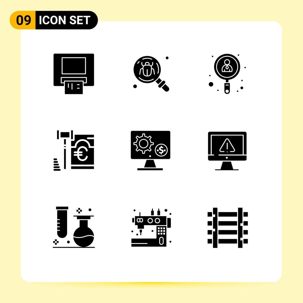 Group of 9 Modern Solid Glyphs Set for monitor law employee security gdpr Editable Vector Design Elements