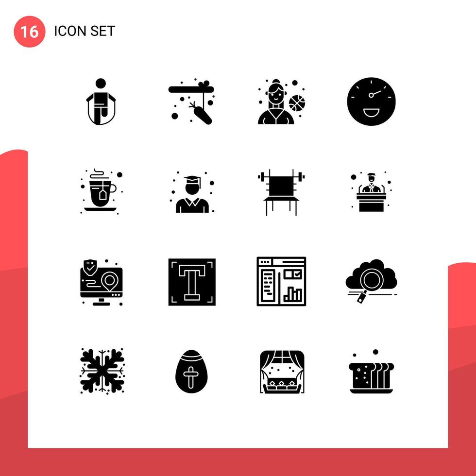 Set of 16 Vector Solid Glyphs on Grid for education hot basketball player cup performance Editable Vector Design Elements