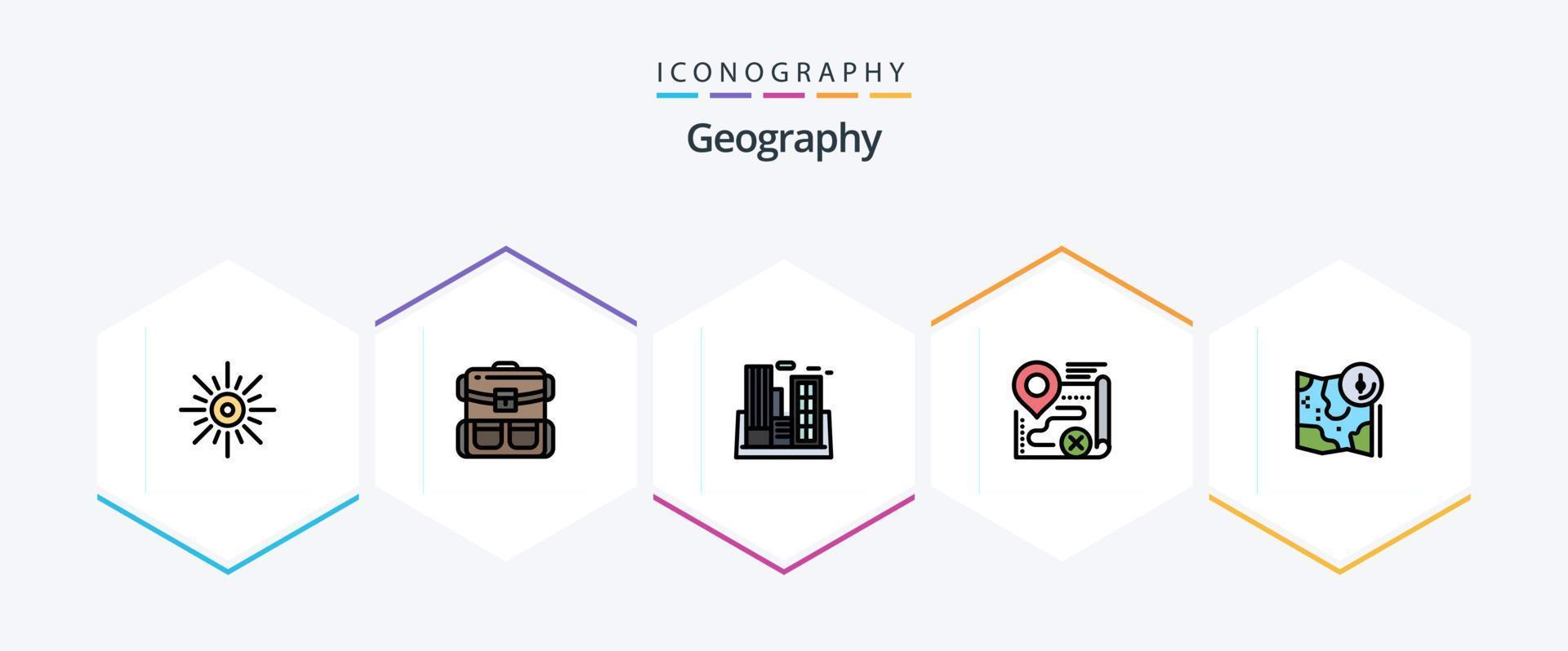 Geo Graphy 25 FilledLine icon pack including target. map. luggage. company. polution vector