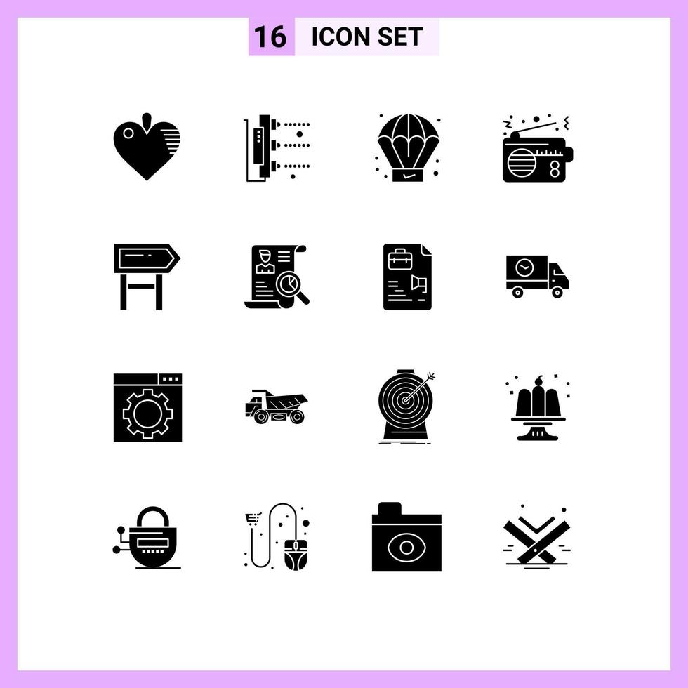 Group of 16 Modern Solid Glyphs Set for location direction process connection device Editable Vector Design Elements