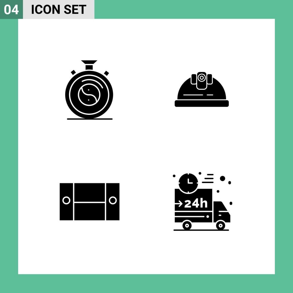 Pack of 4 Modern Solid Glyphs Signs and Symbols for Web Print Media such as clock desk practice building home appliances Editable Vector Design Elements