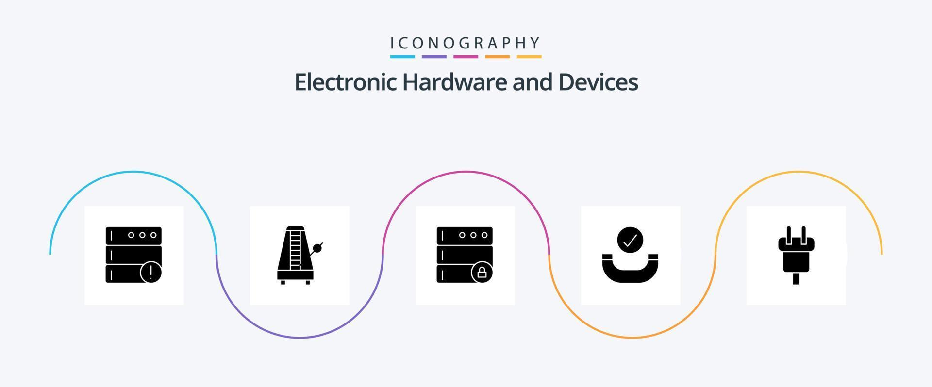 Devices Glyph 5 Icon Pack Including electric. connector. database. charge. checked vector