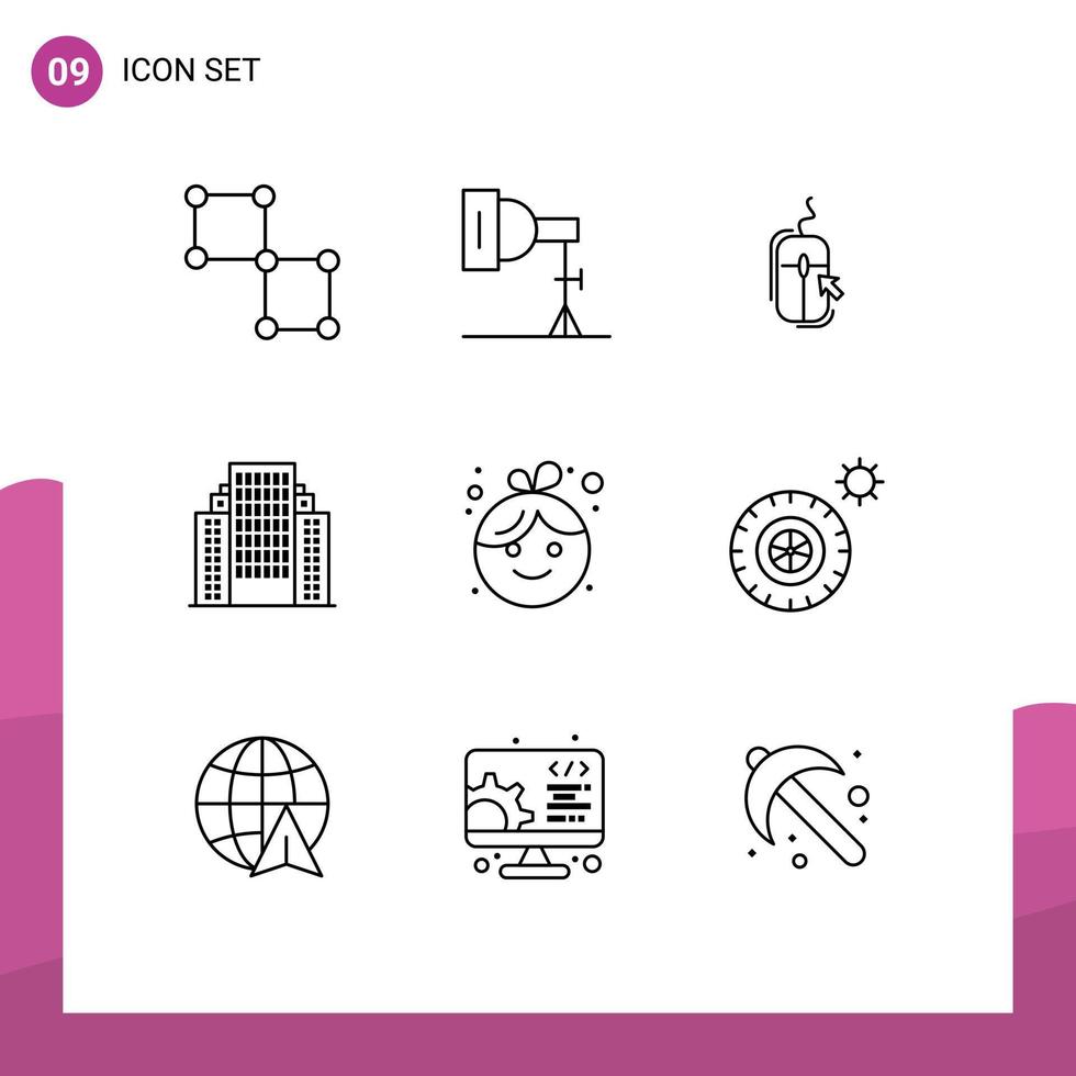 Set of 9 Commercial Outlines pack for baby building mouse apartment shopping Editable Vector Design Elements