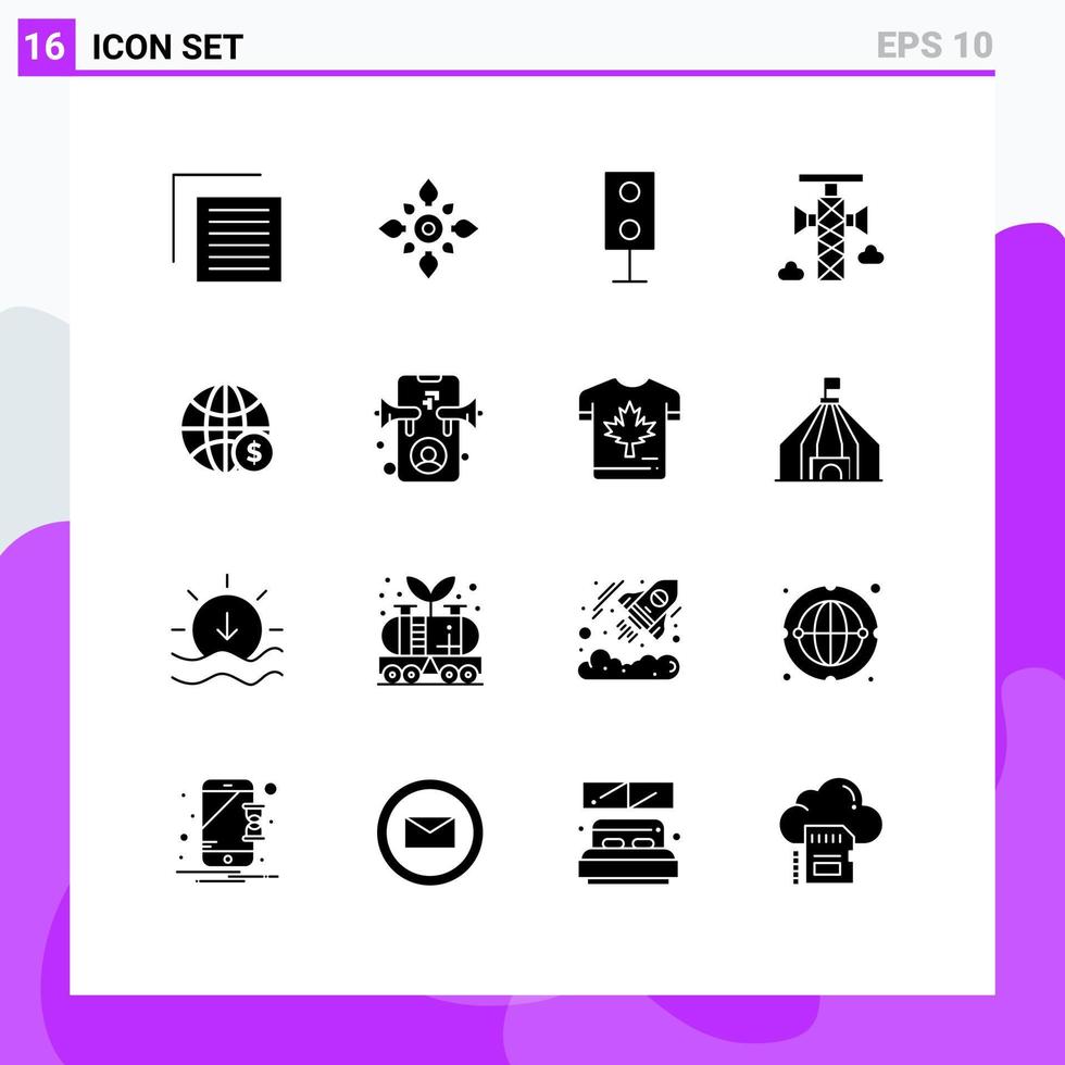 Mobile Interface Solid Glyph Set of 16 Pictograms of communication announcement hindu technology products Editable Vector Design Elements