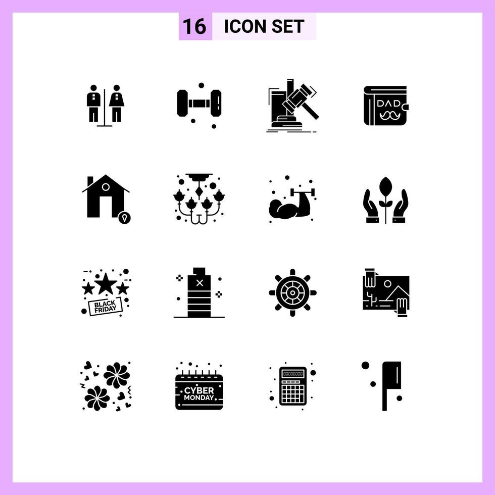 Group of 16 Modern Solid Glyphs Set for buildings father auction dad law Editable Vector Design Elements