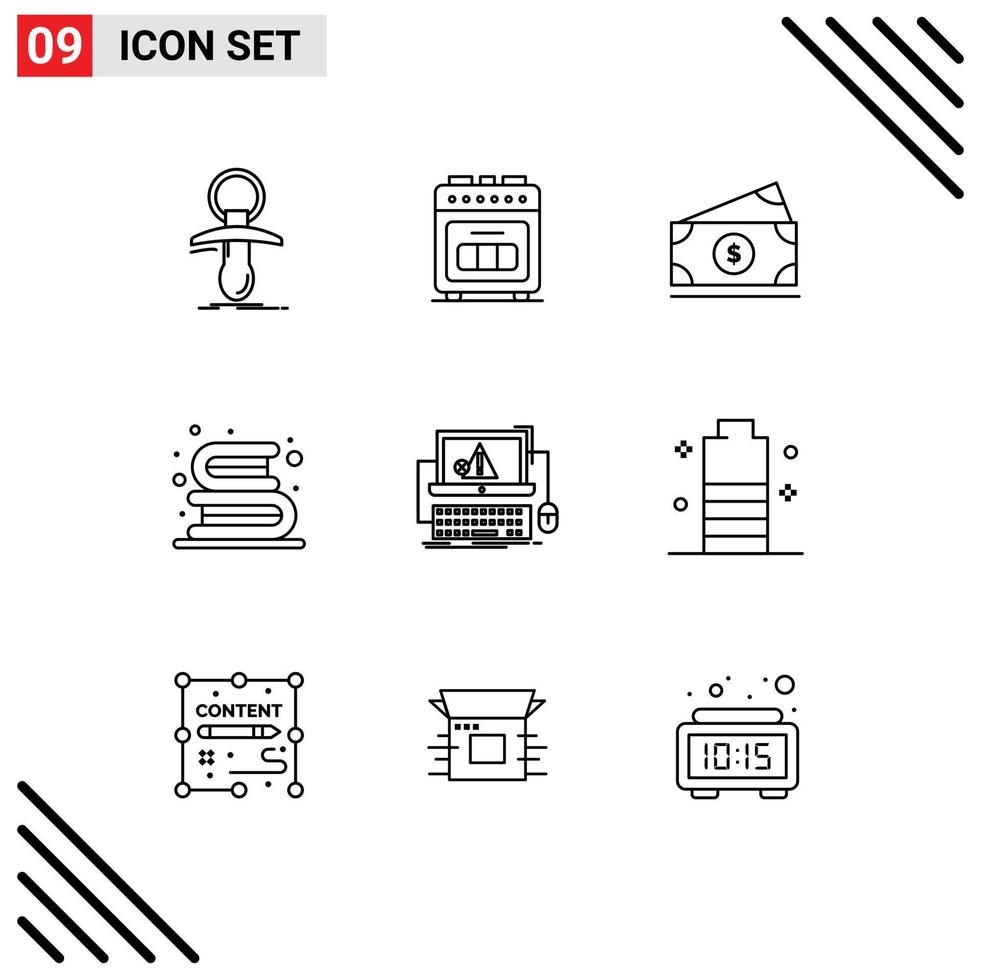 Mobile Interface Outline Set of 9 Pictograms of read education cooking books usa Editable Vector Design Elements