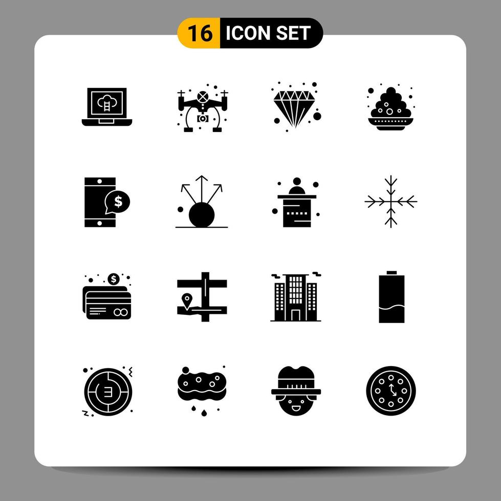 Pack of 16 creative Solid Glyphs of money mobile economy festival plate Editable Vector Design Elements