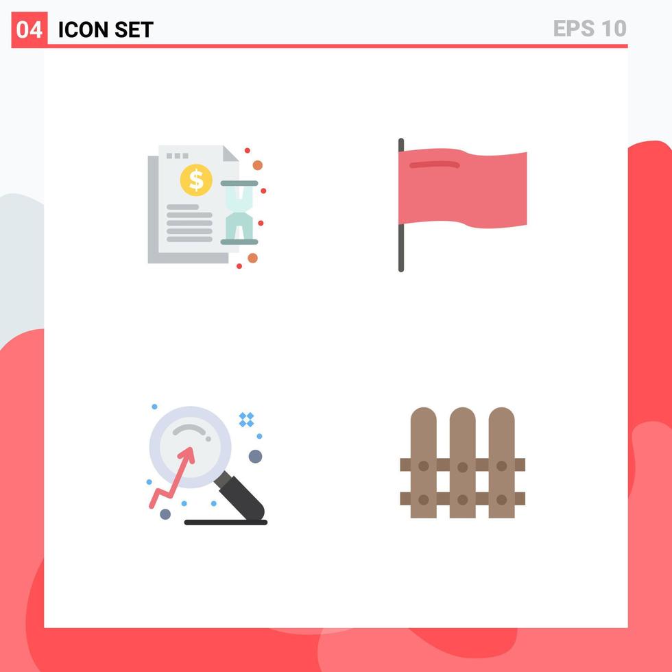 Set of 4 Vector Flat Icons on Grid for contract market notification flag search Editable Vector Design Elements