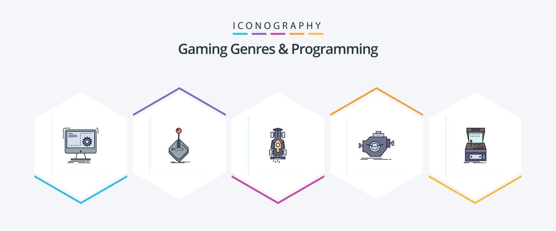 Gaming Genres And Programming 25 FilledLine icon pack including machine. engine. joystick. speed. game vector