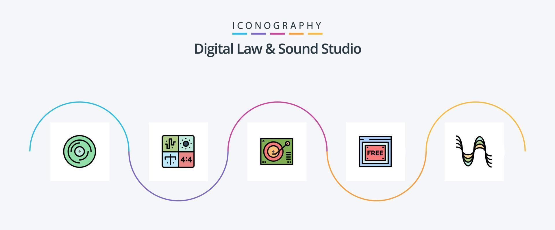 Digital Law And Sound Studio Line Filled Flat 5 Icon Pack Including tecnology. free access. engineering. record. phonograph vector