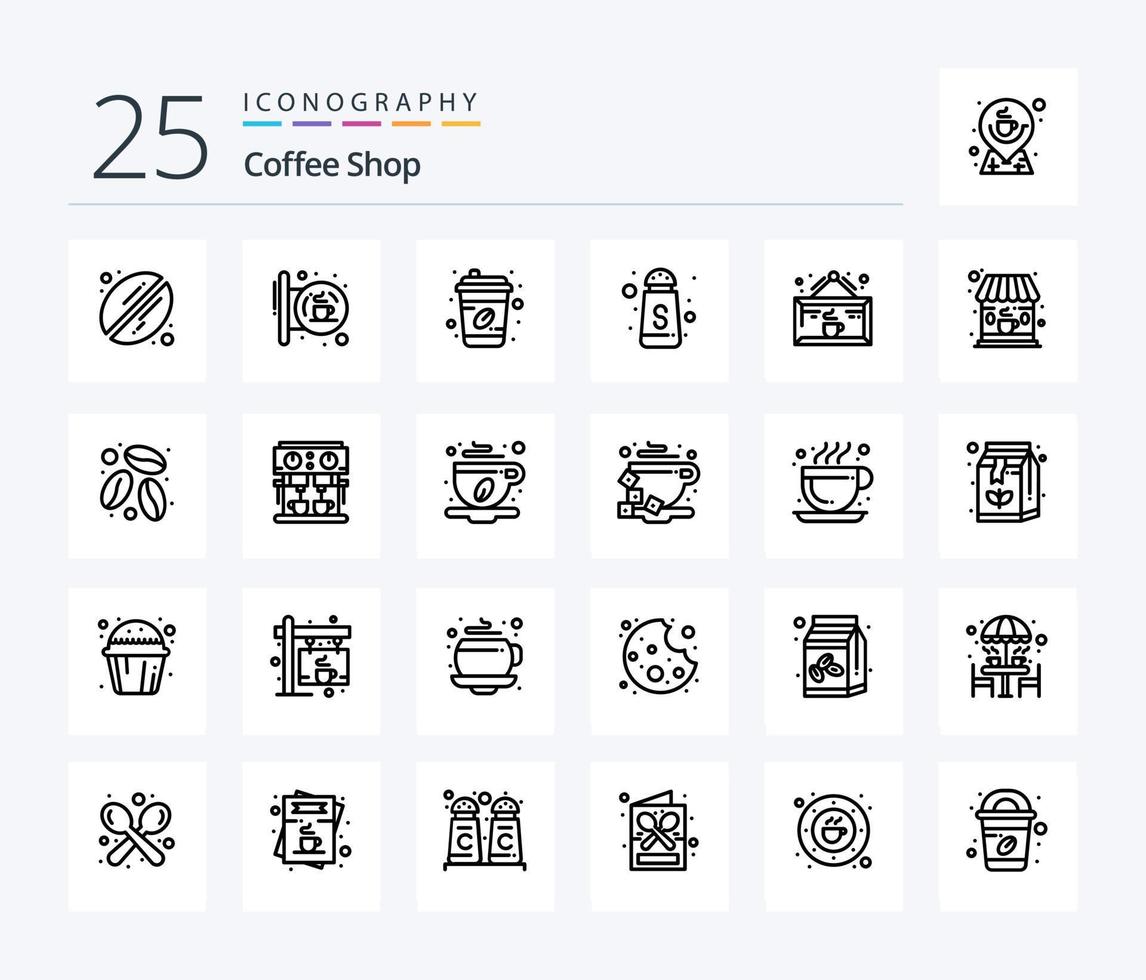 Coffee Shop 25 Line icon pack including coffee. drink. coffee. sugar bottle. serve vector