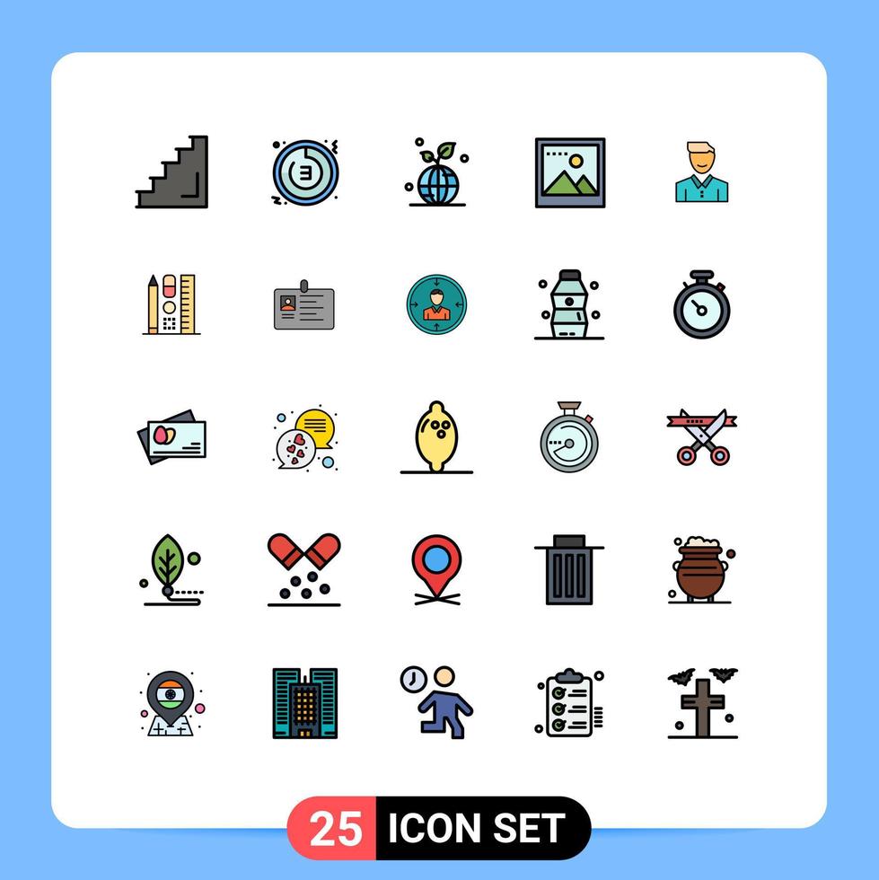 Filled line Flat Color Pack of 25 Universal Symbols of photo image clock world planet Editable Vector Design Elements