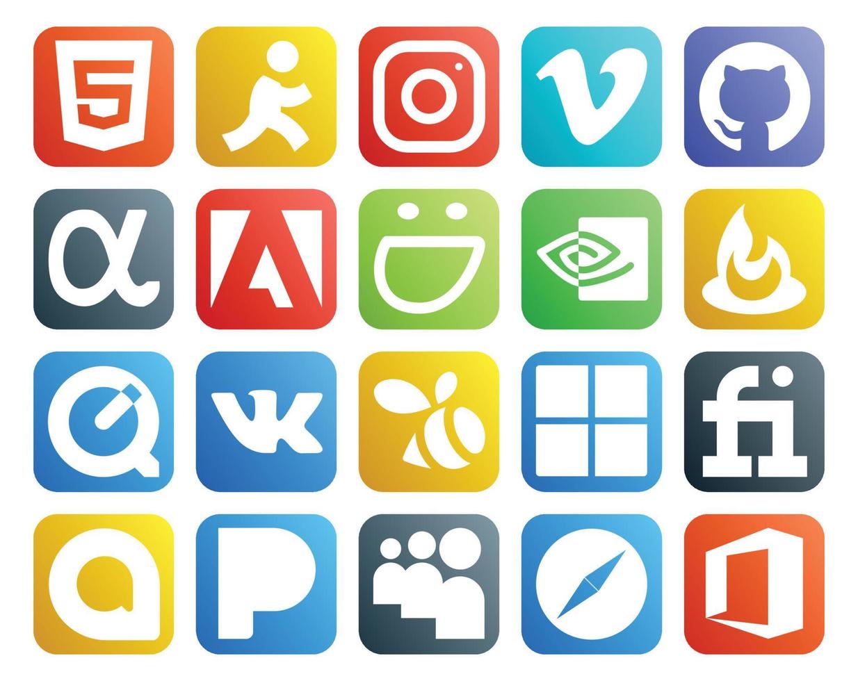 paquete de 20 íconos de redes sociales que incluye pandora fiverr smugmug microsoft vk vector