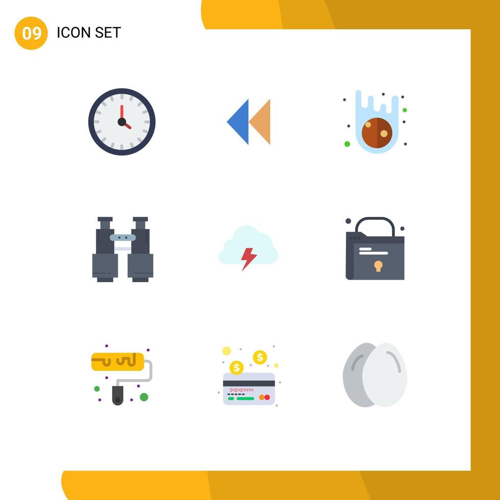 Universal Icon Symbols Group of 9 Modern Flat Colors of power explore video search binoculars Editable Vector Design Elements