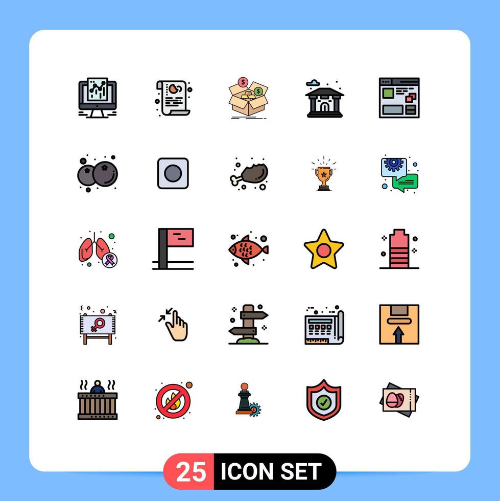 Group of 25 Modern Filled line Flat Colors Set for browser city security building money Editable Vector Design Elements