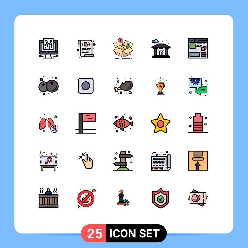 grupo de 25 colores planos de líneas rellenas modernas establecidos para la construcción de seguridad de la ciudad del navegador elementos de diseño de vectores editables de dinero