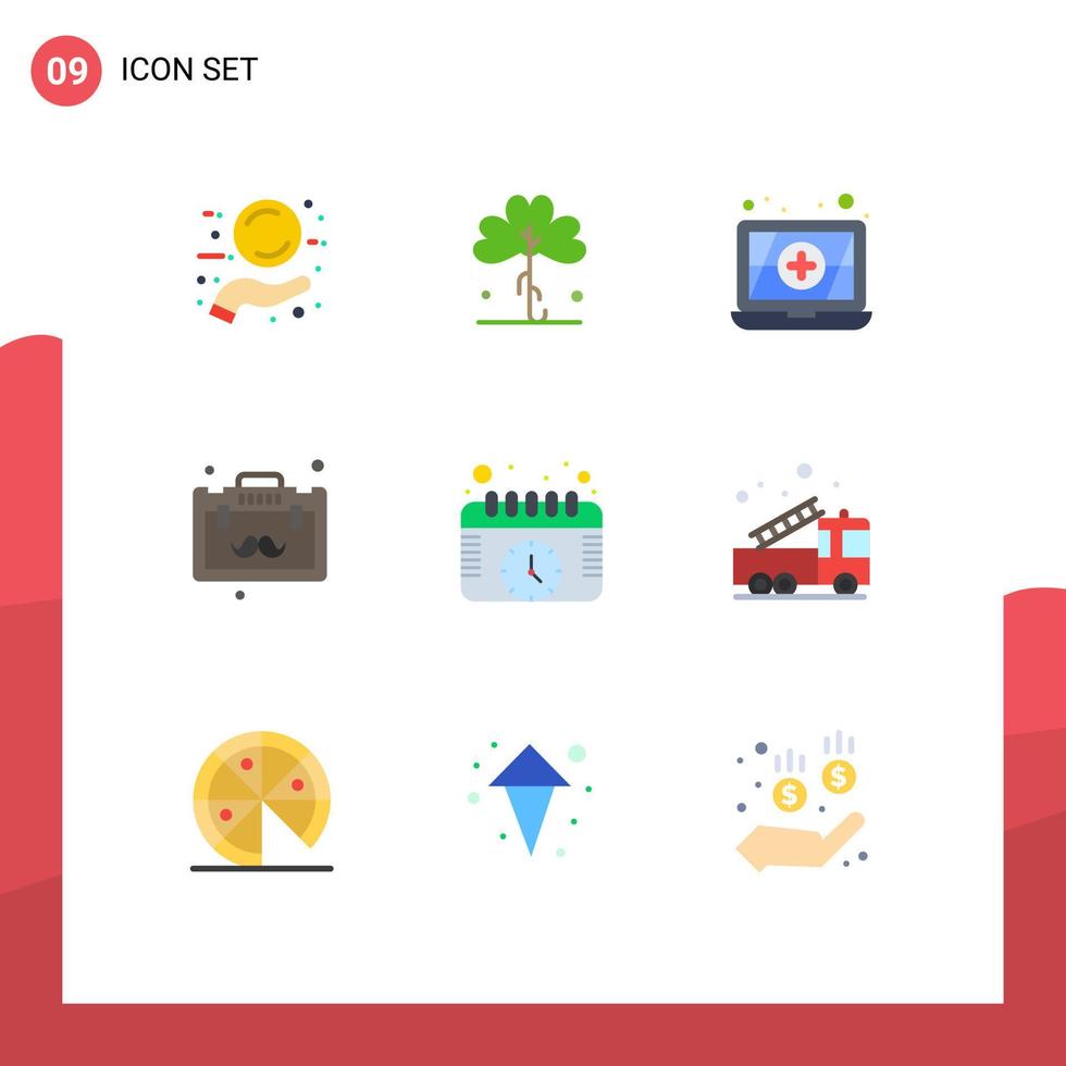 paquete de 9 signos y símbolos de colores planos modernos para medios de impresión web como ver eventos planta calendario oficina elementos de diseño de vectores editables