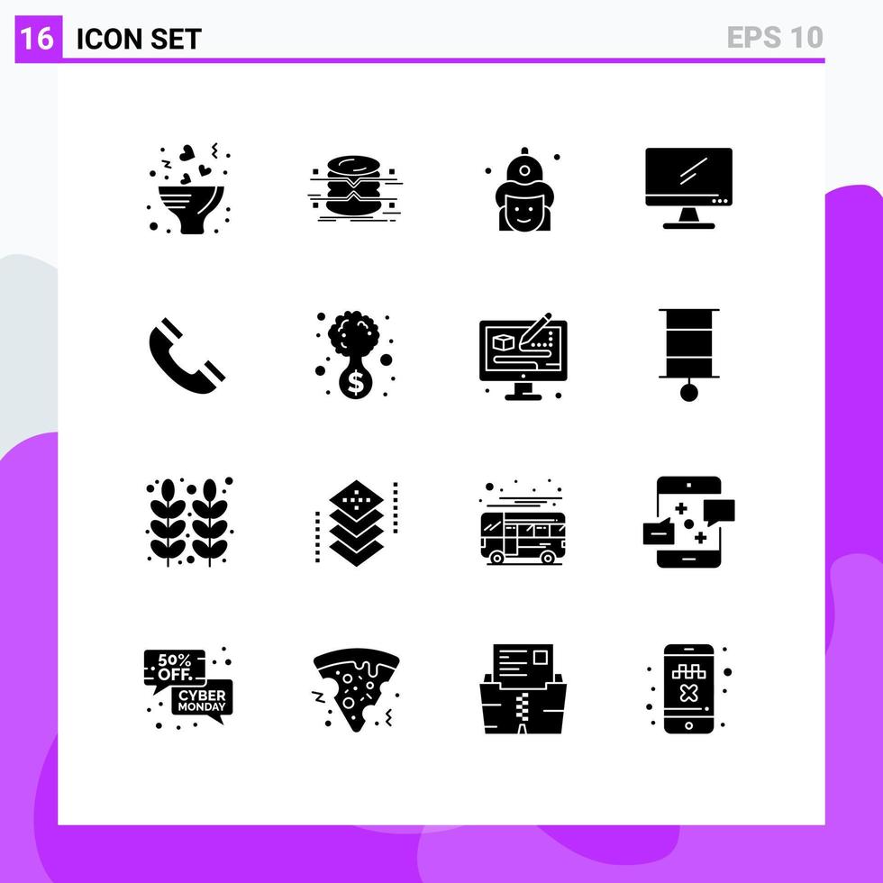 Pack of 16 Modern Solid Glyphs Signs and Symbols for Web Print Media such as imac monitor monitoring computer firemen Editable Vector Design Elements