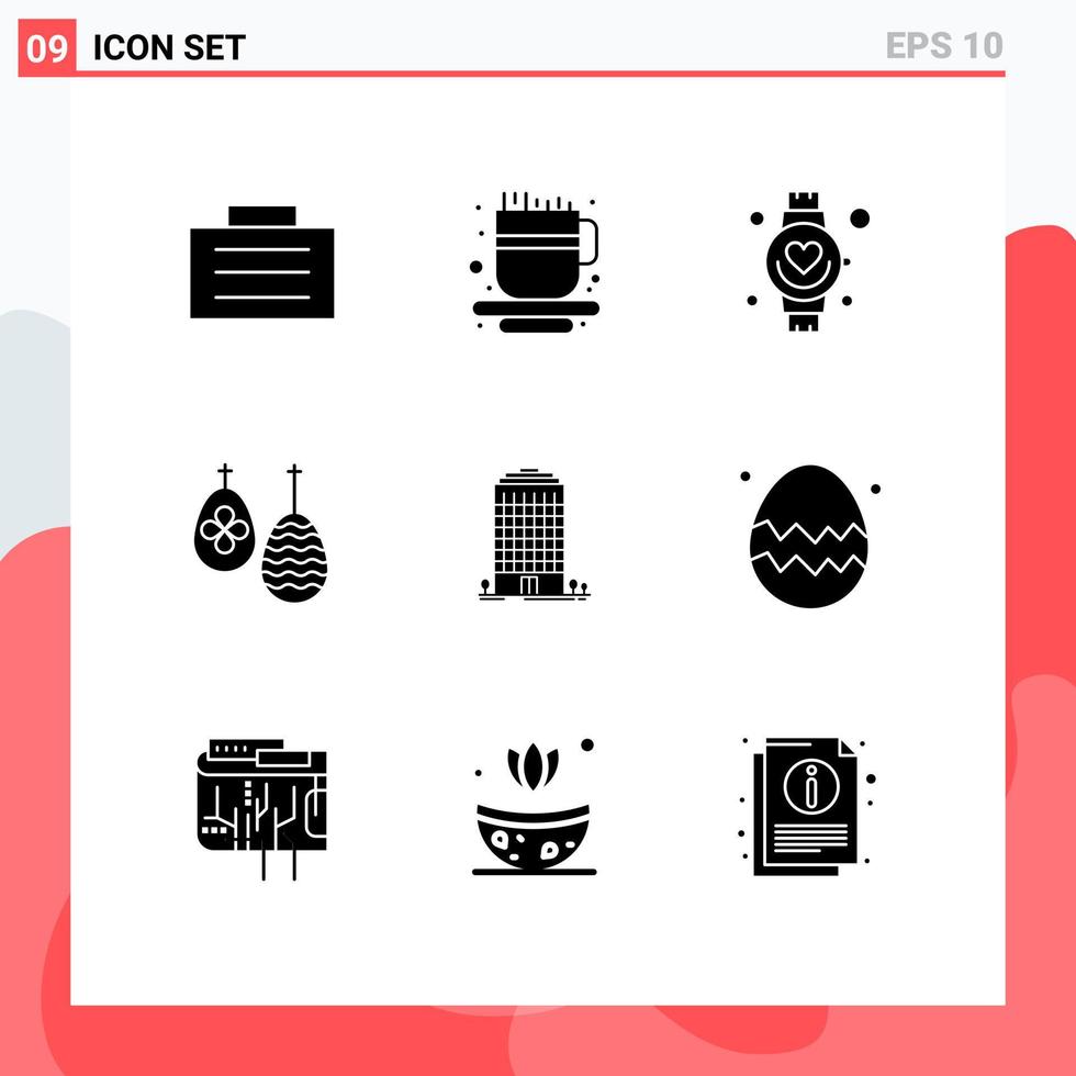 Mobile Interface Solid Glyph Set of 9 Pictograms of space office heart building egg Editable Vector Design Elements
