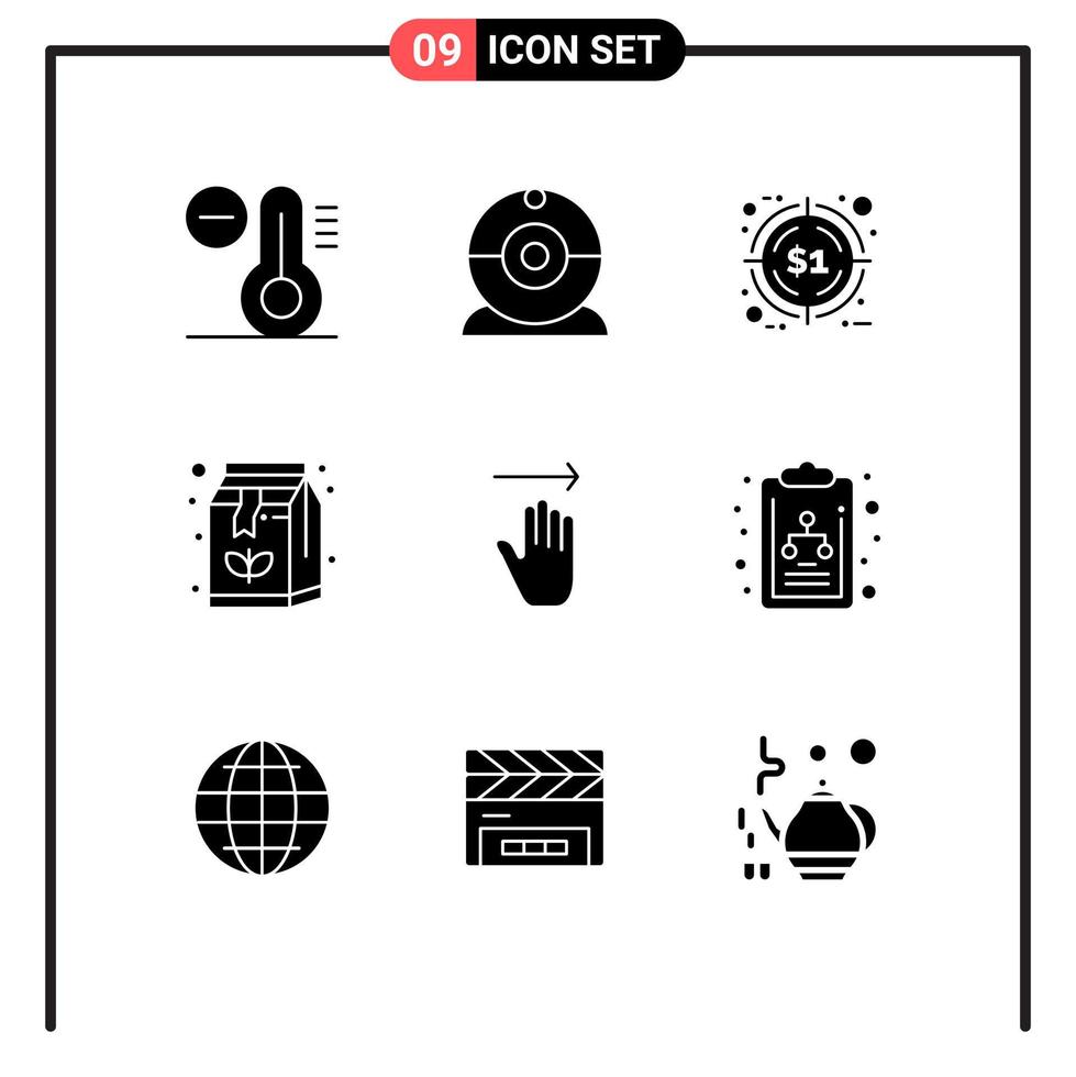 Set of 9 Commercial Solid Glyphs pack for right arrow promotion hand coffee Editable Vector Design Elements