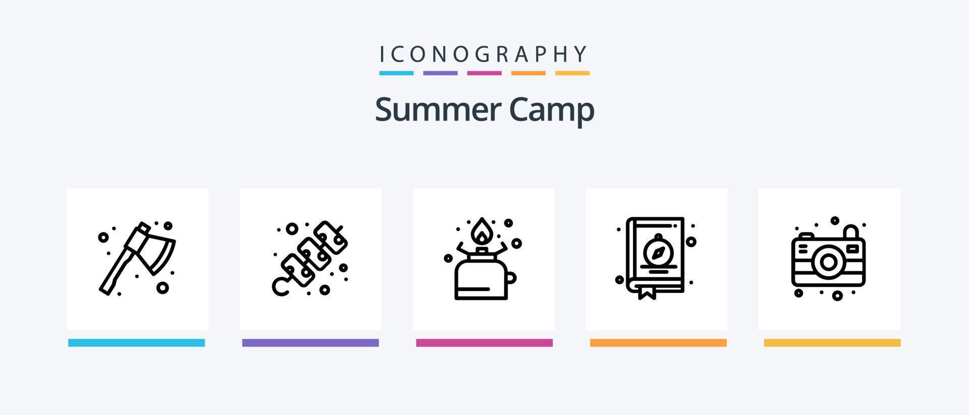paquete de iconos de la línea 5 del campamento de verano que incluye. pez. localización. cámping. gas. diseño de iconos creativos vector