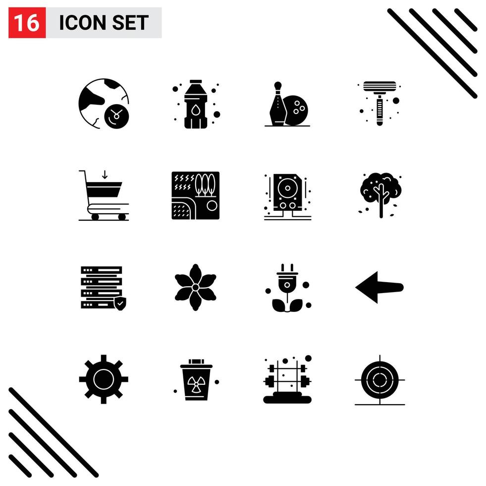 Pack of 16 creative Solid Glyphs of shopping cart activity shaving razor Editable Vector Design Elements