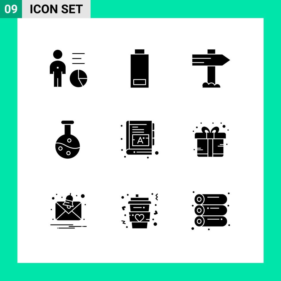 Pack of 9 Modern Solid Glyphs Signs and Symbols for Web Print Media such as ebook book direction baby experiment Editable Vector Design Elements