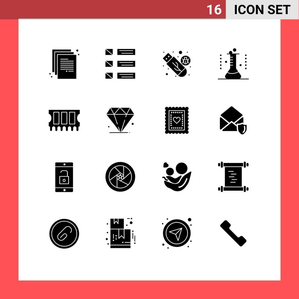 Pictogram Set of 16 Simple Solid Glyphs of lab glassware erlenmeyer flask ui chemical flask usb Editable Vector Design Elements