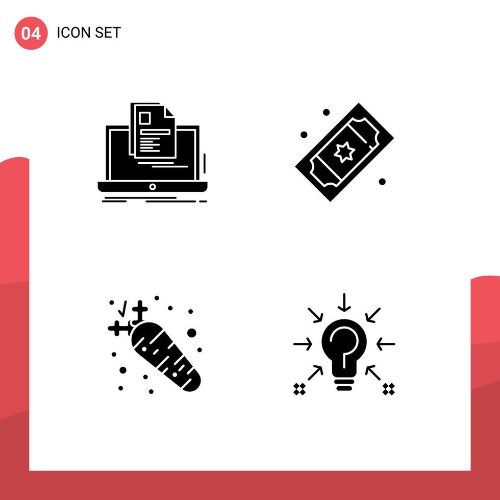 Set of 4 Commercial Solid Glyphs pack for account tickets print movie raffle diet Editable Vector Design Elements