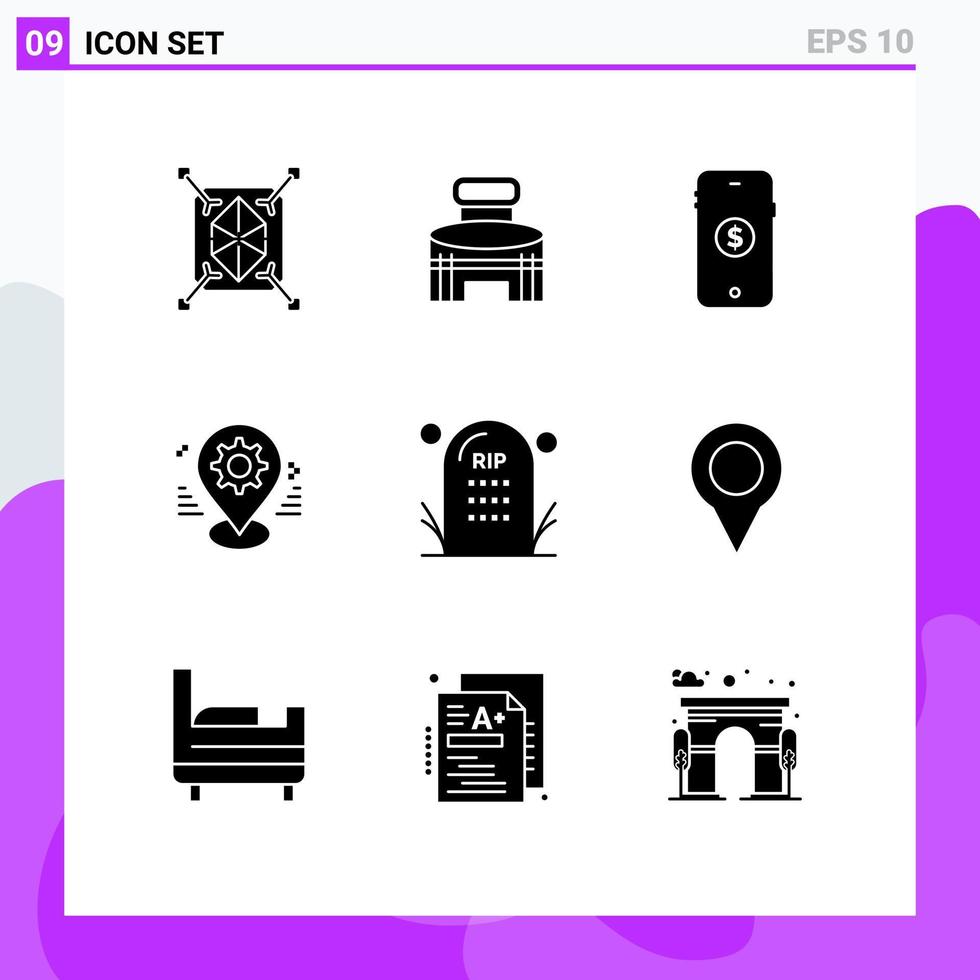 User Interface Pack of 9 Basic Solid Glyphs of setting map stadium gps online Editable Vector Design Elements