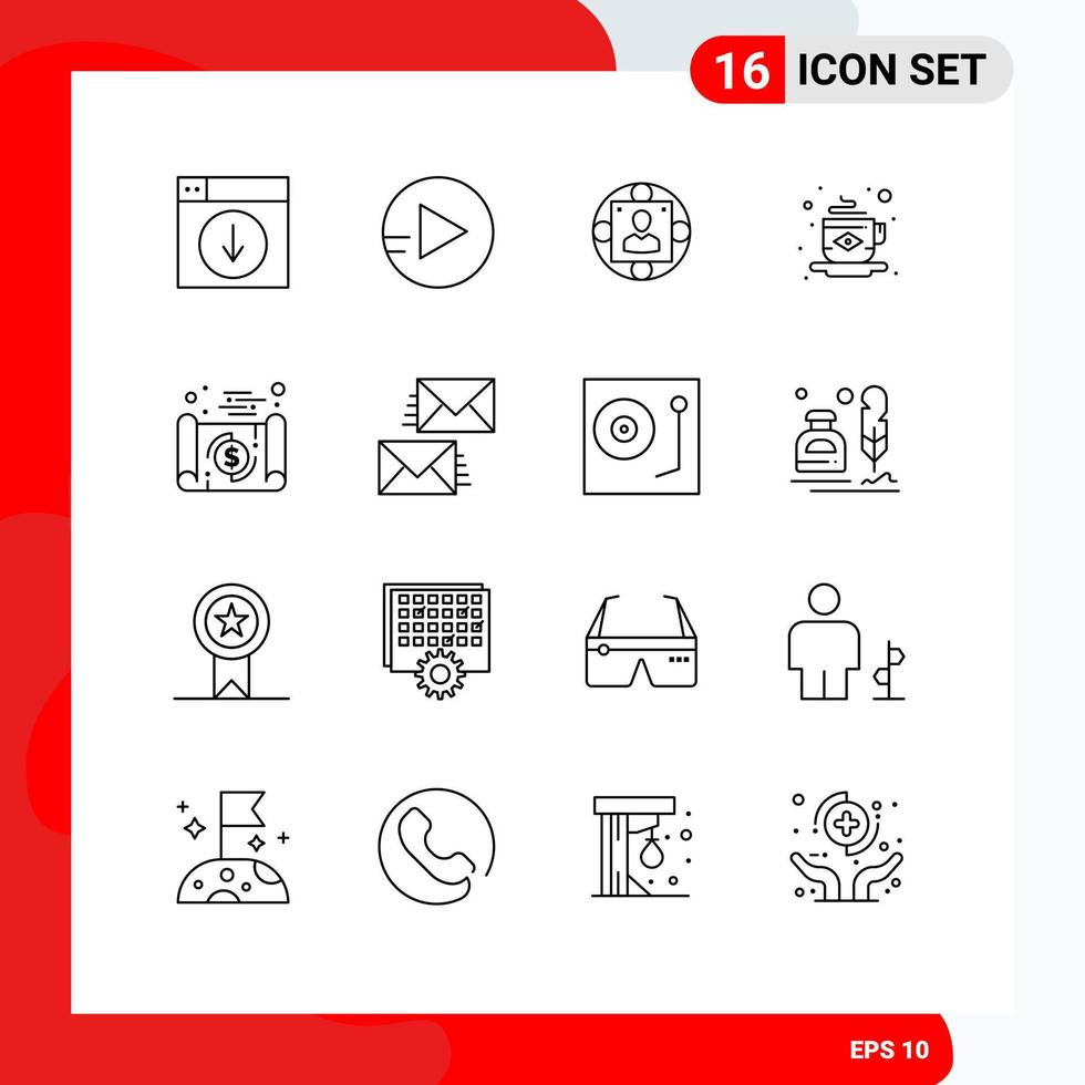 Set of 16 Vector Outlines on Grid for document flag business tea breakfast Editable Vector Design Elements