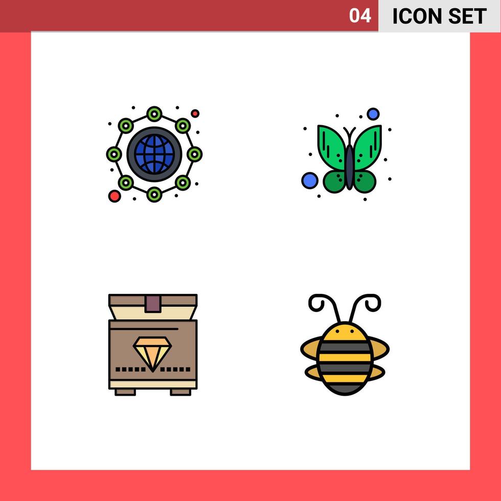 Group of 4 Filledline Flat Colors Signs and Symbols for global gaming globe insect beetle Editable Vector Design Elements