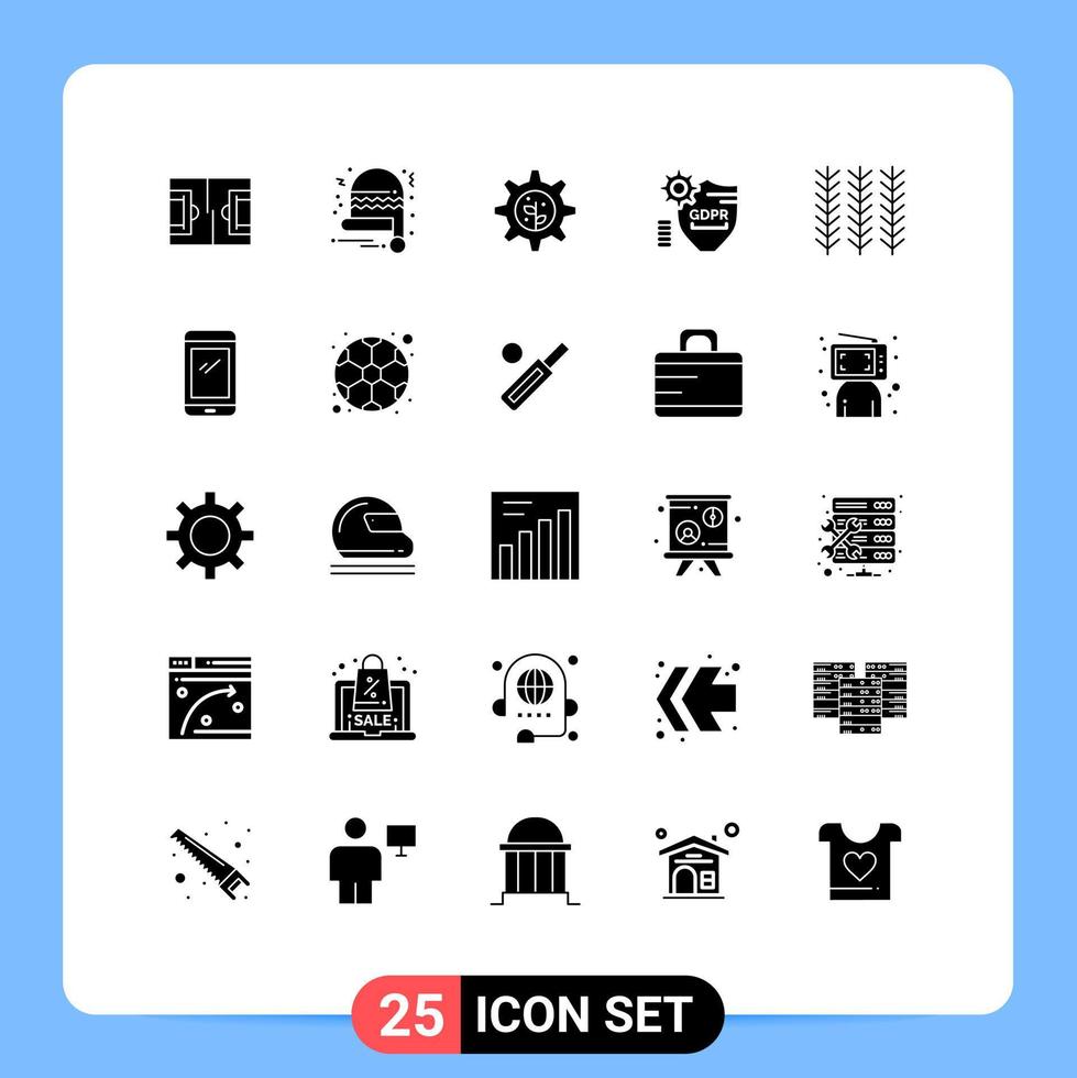 25 Universal Solid Glyphs Set for Web and Mobile Applications plant cereal gear security protection Editable Vector Design Elements