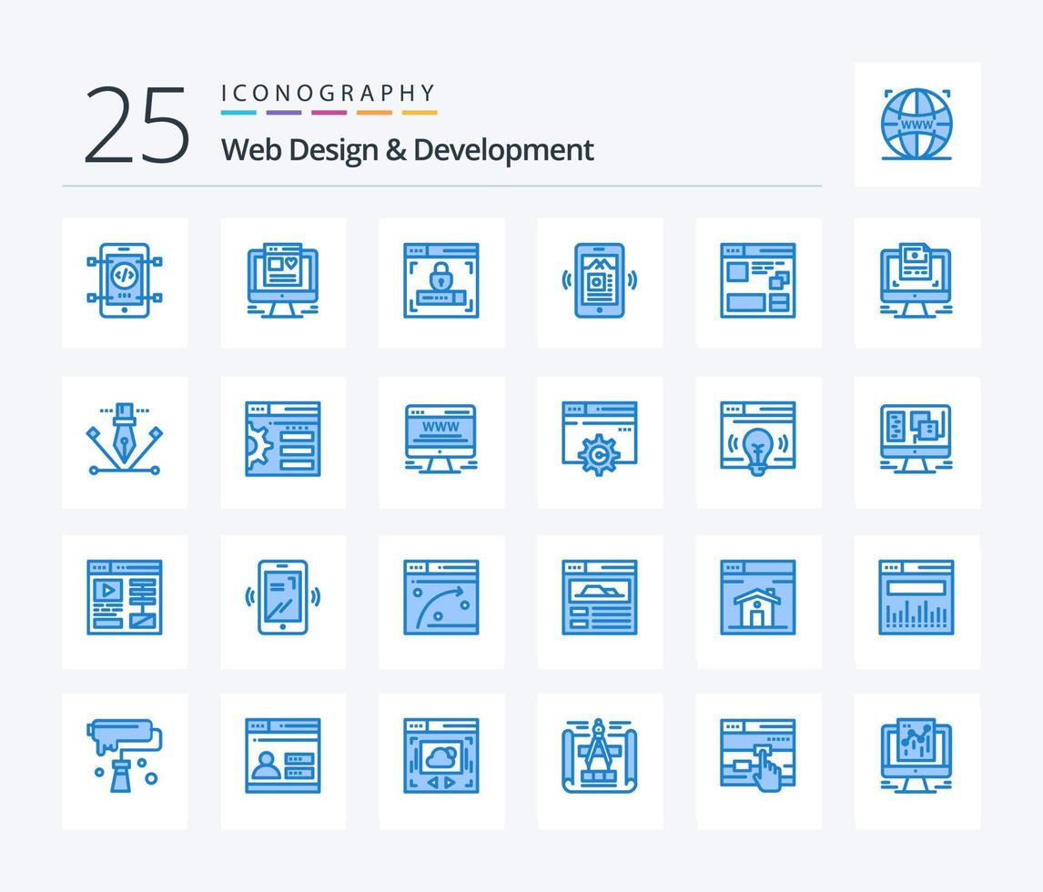 diseño y desarrollo web Paquete de 25 iconos de color azul que incluye ventana. página. seguridad. Internet. musica mp vector