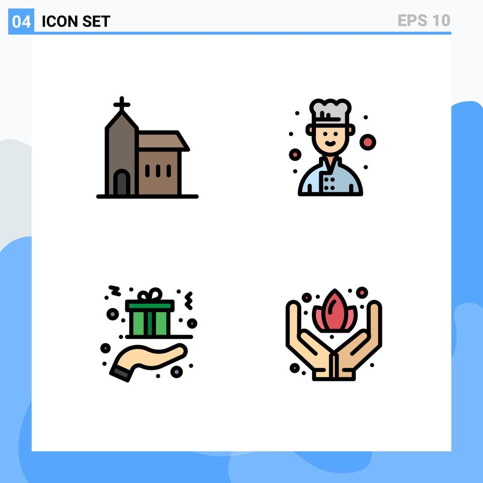 Mobile Interface Filledline Flat Color Set of 4 Pictograms of building gift historic chef hand Editable Vector Design Elements