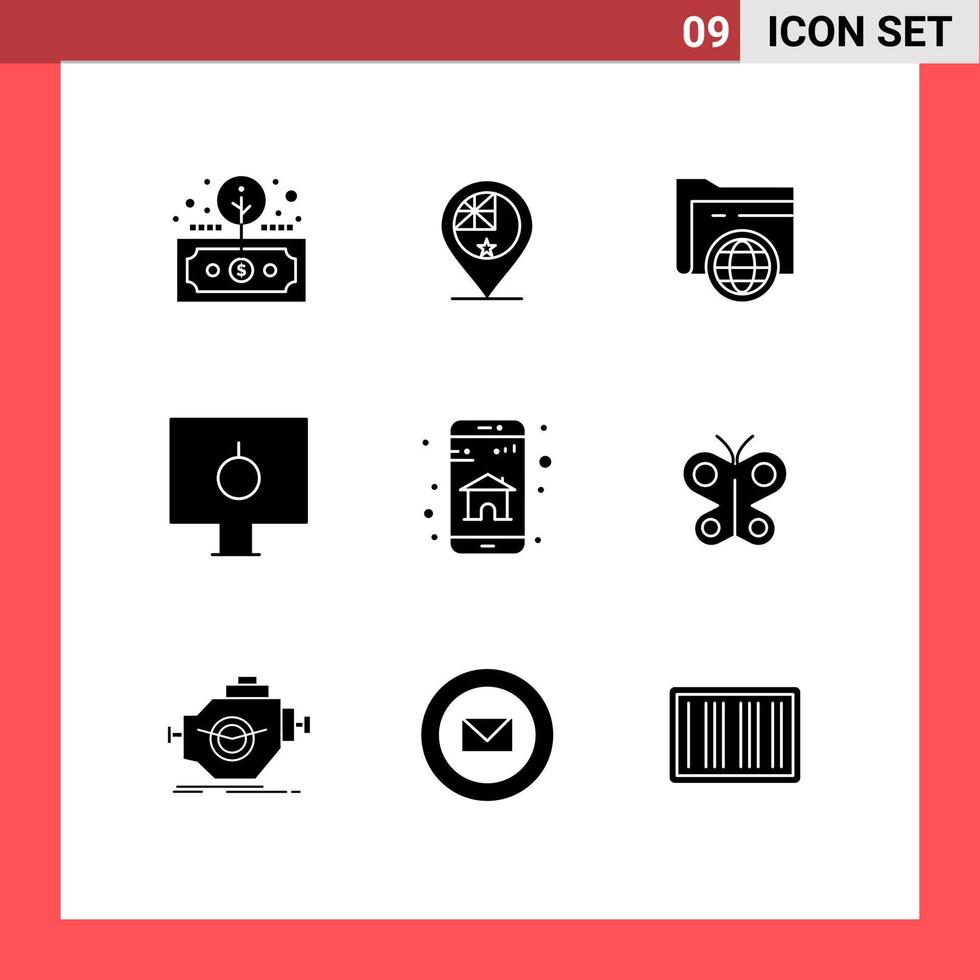 Editable Vector Line Pack of 9 Simple Solid Glyphs of pc locked nation lock fie Editable Vector Design Elements