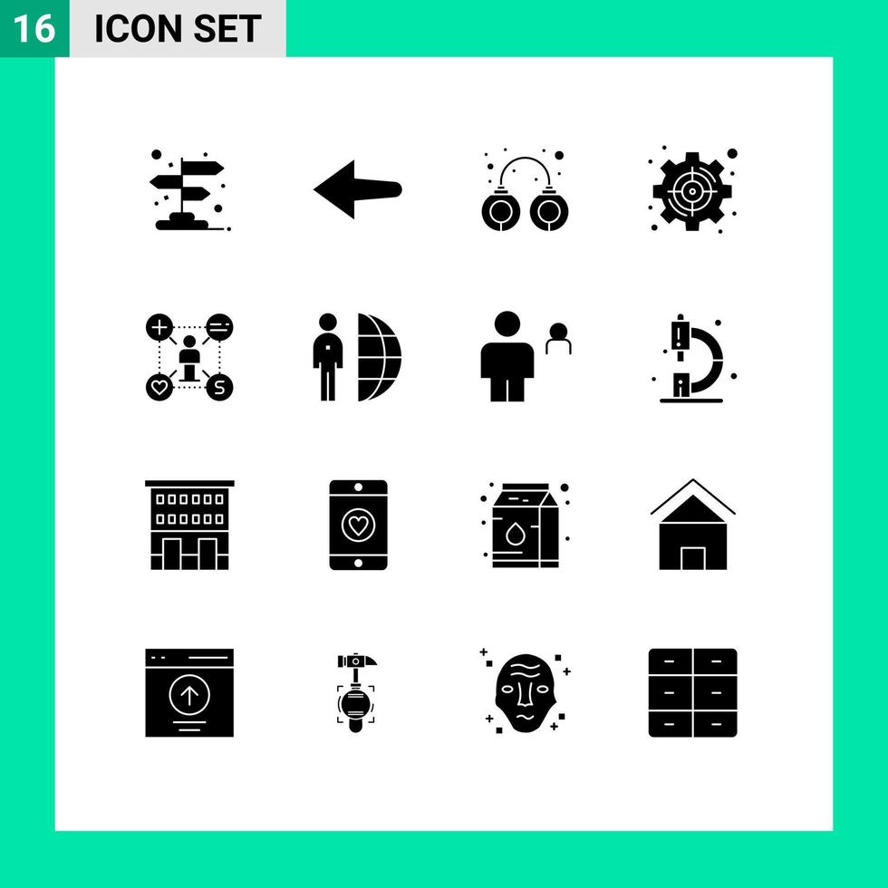 paquete de 16 signos y símbolos de glifos sólidos modernos para medios de impresión web, como elementos de diseño de vectores editables como objetivo de policía de usuario