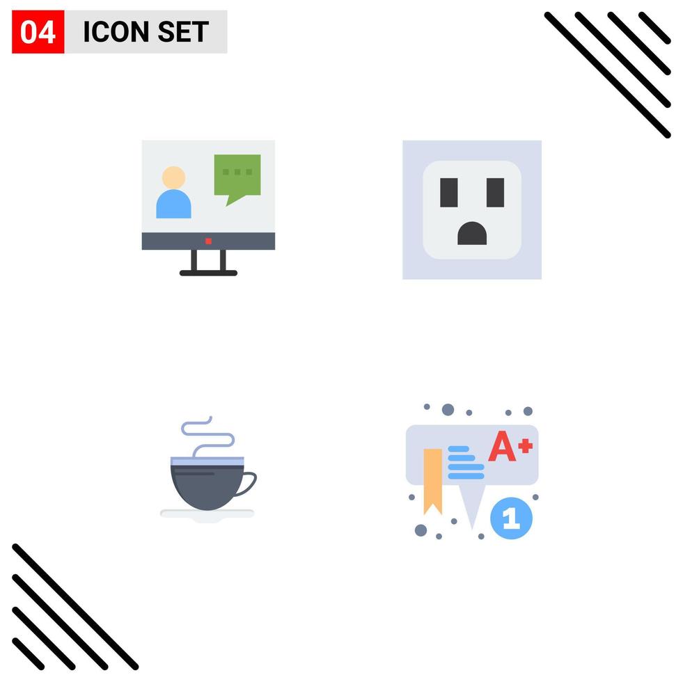 conjunto moderno de 4 iconos planos pictograma de comunicación café en línea socket educación elementos de diseño vectorial editables vector