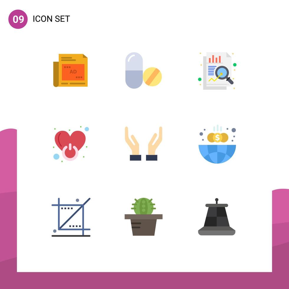 Mobile Interface Flat Color Set of 9 Pictograms of caring love analysis sign on Editable Vector Design Elements