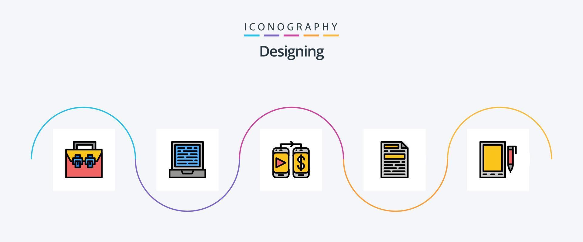 Designing Line Filled Flat 5 Icon Pack Including design. cell. mobile. mobile. document vector