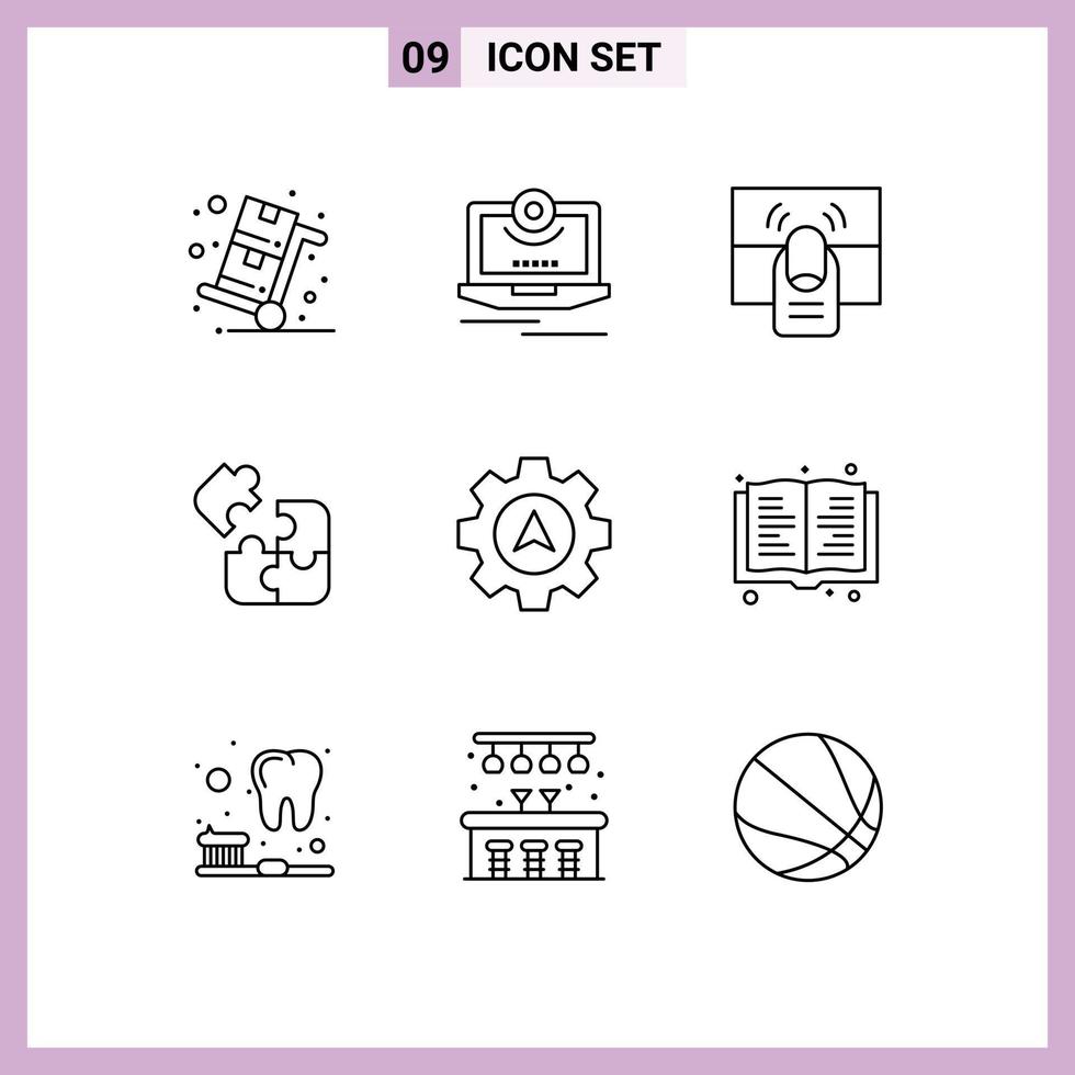 Universal Icon Symbols Group of 9 Modern Outlines of science jigsaw monitor touch hand Editable Vector Design Elements