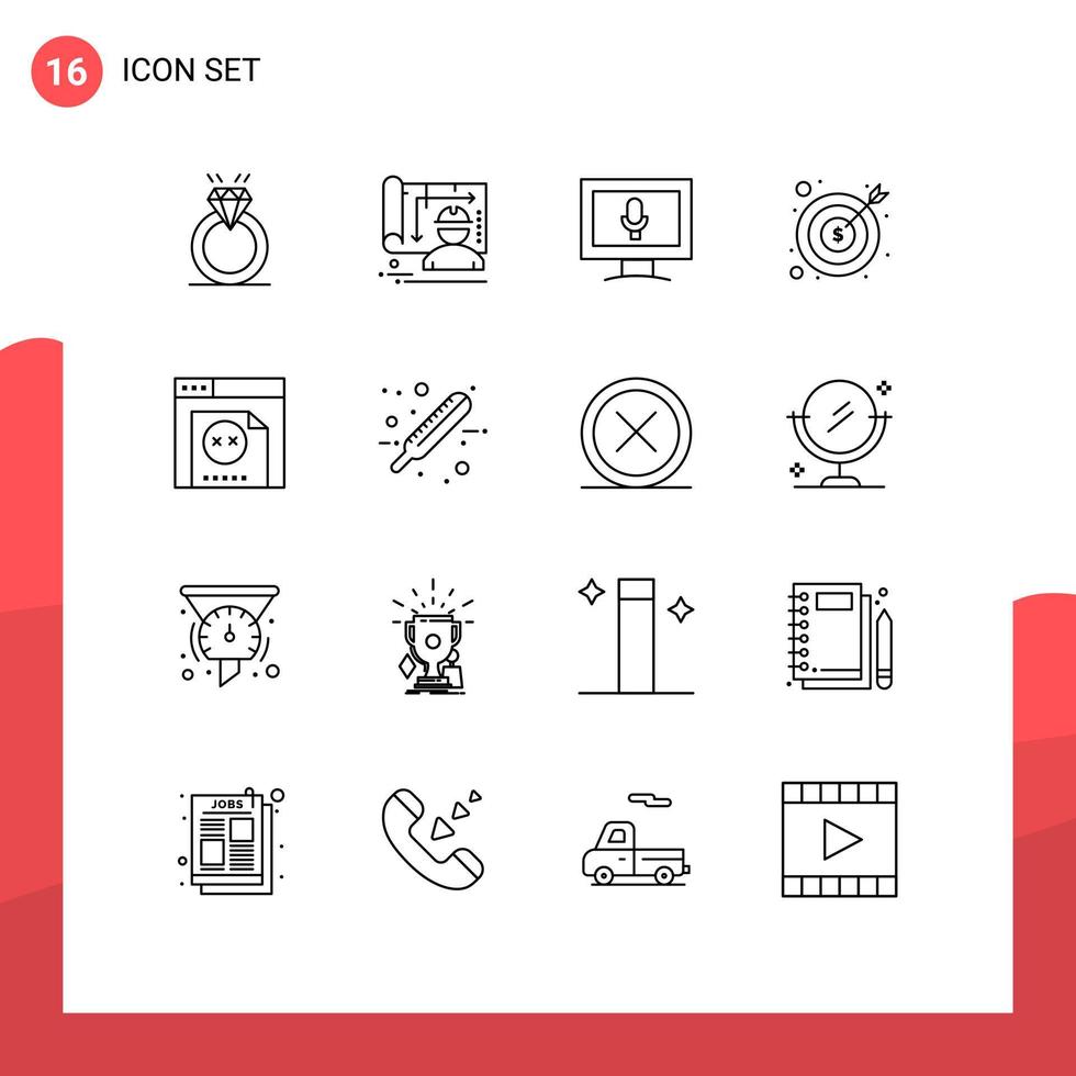 Mobile Interface Outline Set of 16 Pictograms of error finance engineer cash banking Editable Vector Design Elements