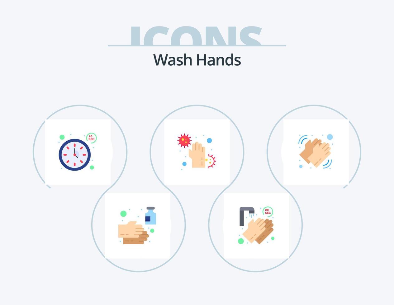 lavarse las manos icono plano paquete 5 diseño de iconos. infectar. enfermedad. veinte segundos. sucio. Temporizador vector