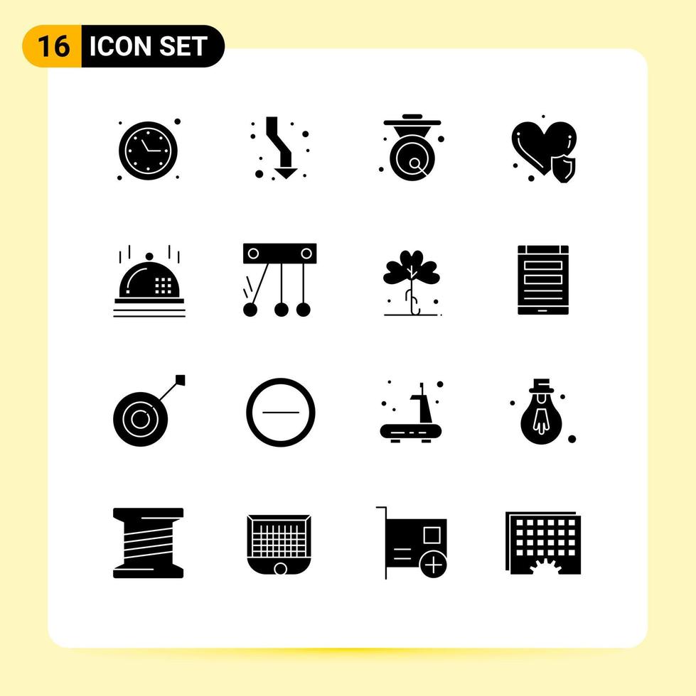 Set of 16 Commercial Solid Glyphs pack for insurance heart care down health care gong Editable Vector Design Elements