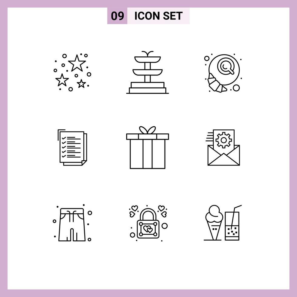 Set of 9 Vector Outlines on Grid for gift box croissant accessories work task Editable Vector Design Elements