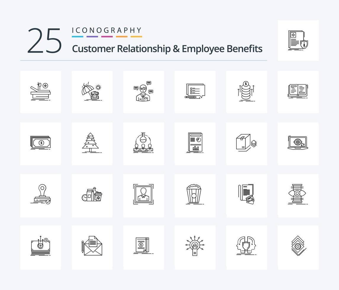 paquete de iconos de 25 líneas de relación con el cliente y beneficios para empleados que incluye dinero. mensaje. hombre. SMS. surgir vector