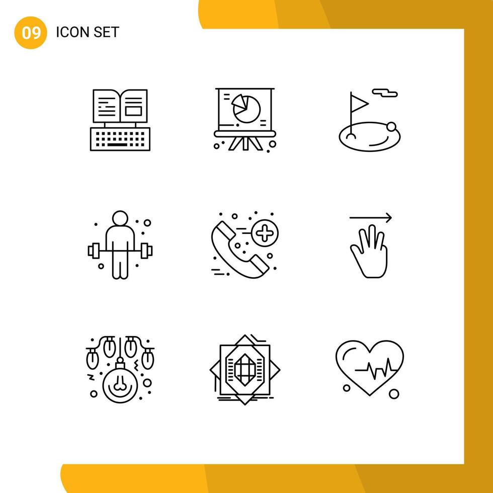 Pack of 9 Modern Outlines Signs and Symbols for Web Print Media such as call sport flag exercise sport Editable Vector Design Elements